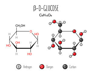 Beta glucose skeletal and flat representation. Skeletal formula and 2d structure illustration. Web style illustration. Vector editable