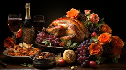 Thanksgiving background with pumpkins and autumn leaves