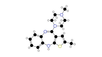 olanzapine molecule, structural chemical formula, ball-and-stick model, isolated image atypical antipsychotics