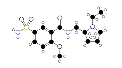 sulpiride molecule, structural chemical formula, ball-and-stick model, isolated image neuroleptic agent