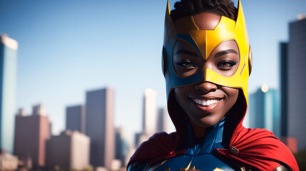 Closeup portrait of smiling african american woman in superhero costume. Generative AI.
