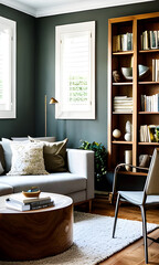 Elegant Mediterranean home design. Textured vase with olive tree branches, cup of coffee. Books on wooden table. Living room still life. Empty wall copy space.