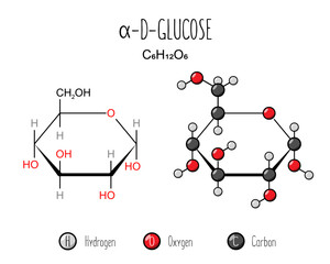 Alpha glucose skeletal and flat representation. Skeletal formula and 2d structure illustration. Web style illustration. Vector editable