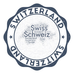 Switzerland logo. Awesome country badge with word cloud in shape of Switzerland. Round emblem with country name. Powerful vector illustration.
