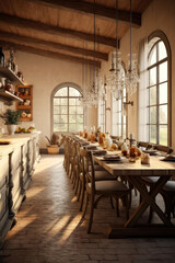 Fototapeta na wymiar A kitchen-dining room combo with a long table and statement lighting, in the style of farmhouse rustic, warm neutrals, Italian countryside inspiration. Generative AI