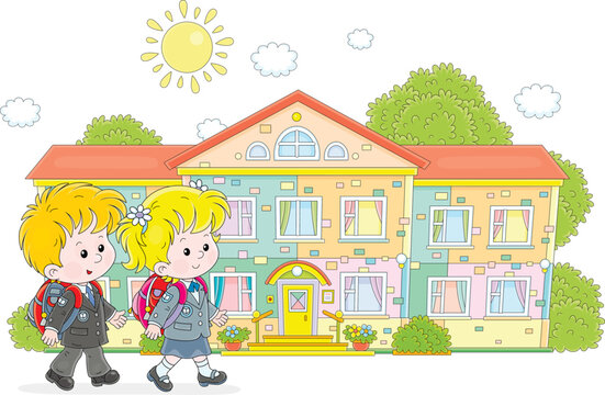 Happy little schoolchildren with schoolbags going to their pretty school on a sunny day, vector cartoon illustration isolated on a white background
