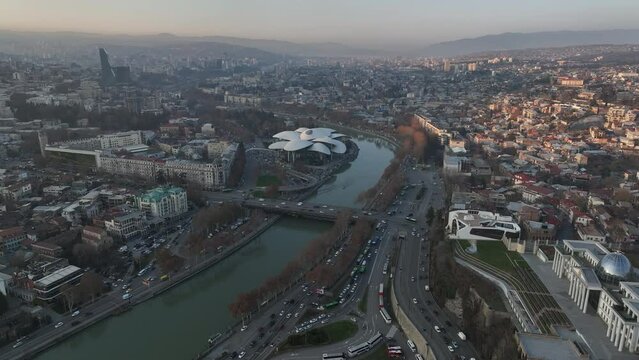 Morning cityscape of Tbilisi city. Georgia 2024 winter