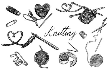 Knitting set ink hand drawing 