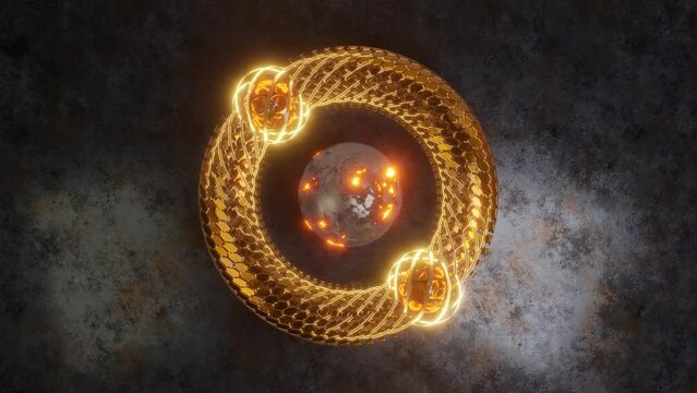 Loop 3d animation. The movement of a plasma clot, a ball lightning inside a ring, a torus. The torus consists of many hexagons, segments that decrease as the plasma ball approaches. A fantastic sight.