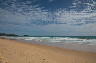 Beautiful beach on a summer day. Blue sky. Sunny day. Yellow sand on the beach.