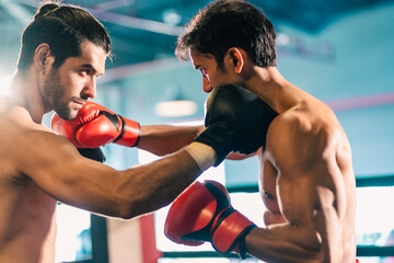 MMA or Thai Boxing match, Two professional fighters punching or boxing, Fit muscular caucasian...