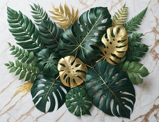 Image displaying a collection of tropical green plants such as Monstera, fern, and Eucalyptus leaves embellished with gold glitter particles. Created with generative AI tools