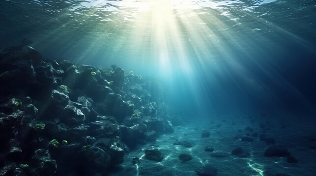 Sun rays penetrating underwater and illuminating the rocky seabed.