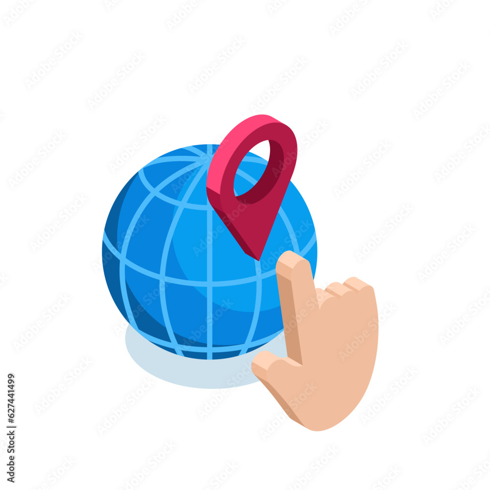 Aufkleber isometric globe and location icon with pointing hand in color on white background, geolocation or po