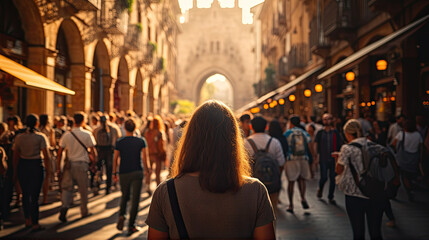 a diverse crowd of people fills the streets, reflecting the popularity of the destination and the challenges posed by excessive tourism.