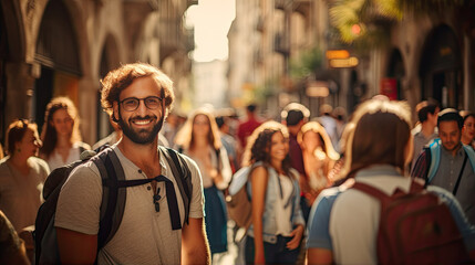 a diverse crowd of people fills the streets, reflecting the popularity of the destination and the challenges posed by excessive tourism.