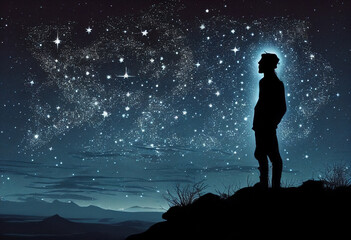 Fototapeta premium Young man looking at the stars on top of the hill. AI Generated