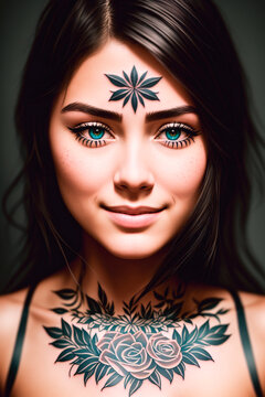 Portrait of a beautiful young woman with tattoo on her body and face. Generative AI.