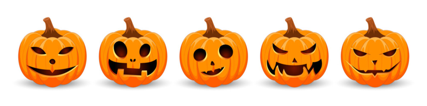 Set pumpkin on white background. The main symbol of the Happy Halloween holiday. Orange pumpkin with smile for your design for the holiday Halloween.