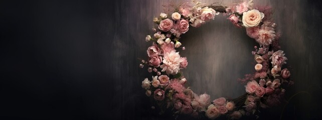 Generative AI, Close up wreath, blooming flowerbeds of amazing pink flowers on dark moody floral textured background.