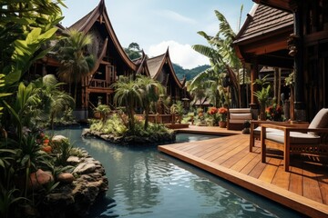 Southeast Asian style luxury hotel with pool, Thai style pool hotel, Indonesian pool hotel, Bali pool hotel, Southeast Asian style luxury hotel design - obrazy, fototapety, plakaty