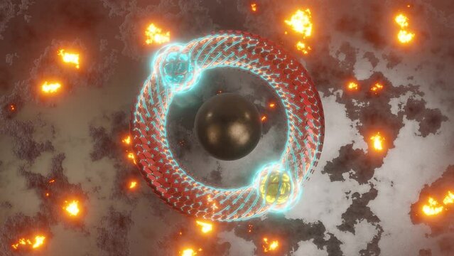 Loop 3d animation. The movement of a plasma clot, a ball lightning inside a ring, a torus. The torus consists of many hexagons, segments that decrease as the plasma ball approaches. A fantastic sight.