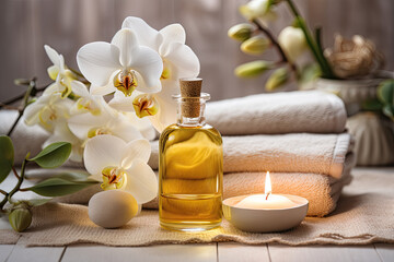 Aromatherapy, spa, beauty treatment and wellness background with massage oil, orchid flowers