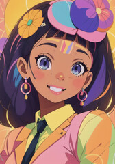 Beautiful African American girl with multicolored hair. Generative AI.