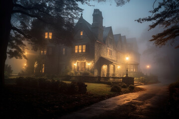 Naklejka premium three story manor mansion lit at night. misty and foggy.