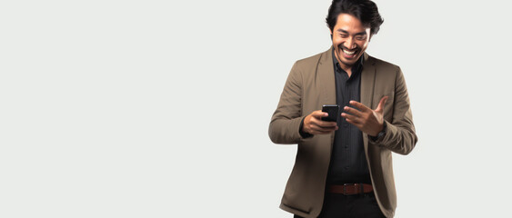 young Asian man laughing and talking with friends on a video call on his smartphone on a white background,copy space
