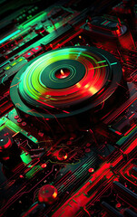 Abstract technology background with green and Red light lines and waves, illustration.