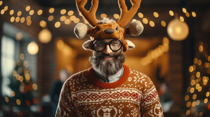 Man wearing an ugly Christmas sweater - obrazy, fototapety, plakaty