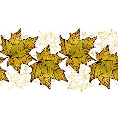 Pattern border yellow autumn maple leaves. Fallen leaves. Mixed media: graphics and watercolor. Illustration for packaging design, satin ribbons, fabric. Isolated white background.