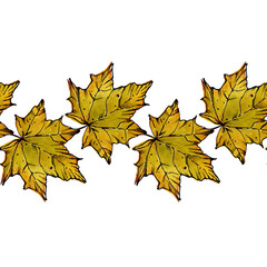 Pattern border yellow autumn maple leaves. Fallen leaves. Watercolor illustration for packaging design, satin ribbons, fabric. Isolated white background.