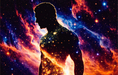 Fototapeta na wymiar Man silhouette in space with stars and nebula. The concept of God in the image of a man against the background of the universe. Generative AI.