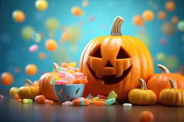 Fototapete Smiling halloween pumpkin and candies in minimalist style. AI generated © barmaleeva