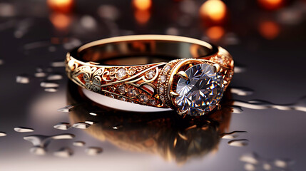 Golden ring with diamonds on a dark surface.
