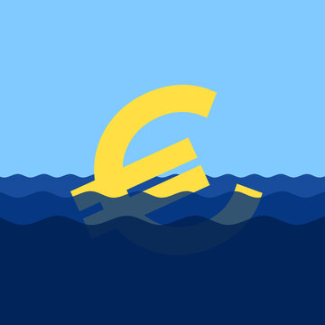 Sinking Euro as metaphor of currency after inflation and devaluation -  decrease, decline, fall and plunge of value of money. Vector illustration.