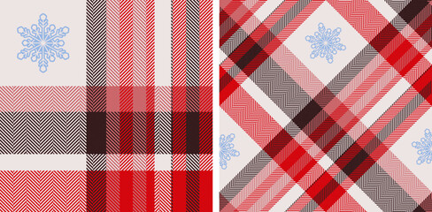 Set check plaid seamless pattern with snowflakes.