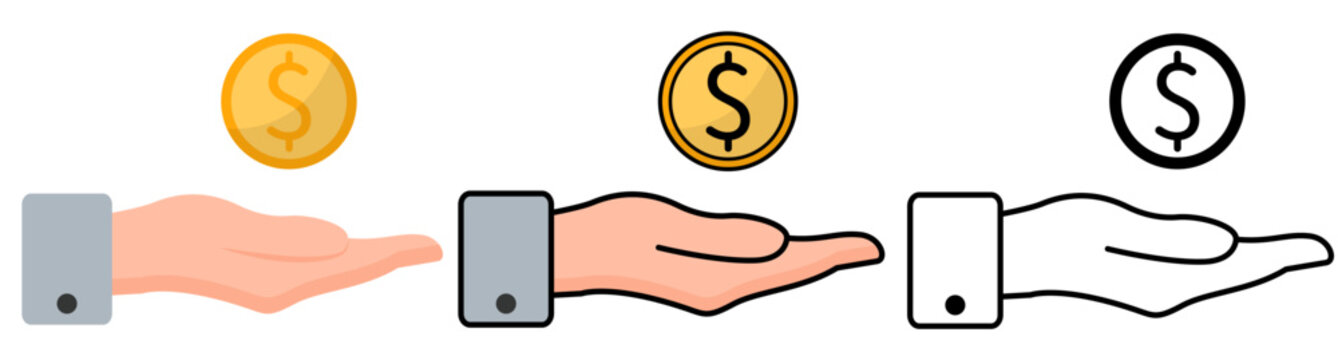 Isolated money in hand, coin, dollar for business, investment, spending, cost, UI, web, blog, mail and more. Concept coin vector icon illustration with transparent background with editable stroke
