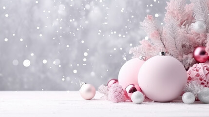 Christmas background. Christmas pink glass balls with tree in it on winter background.