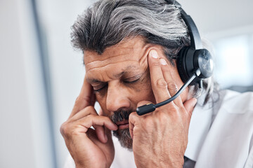 Headache, call center face and business man with depression, telemarketing mistake or burnout and...