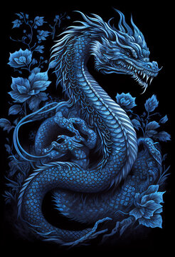 Chinese blue dragon in the form of a mystical snake. AI Generated