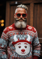 Fototapeta na wymiar Man wearing an ugly Christmas sweater