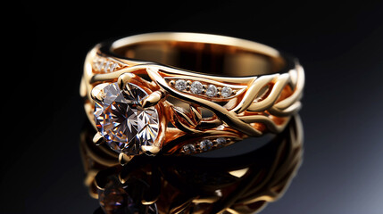 Golden ring with diamonds on a dark surface.
