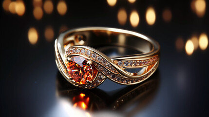 Golden ring with diamonds on a dark surface.