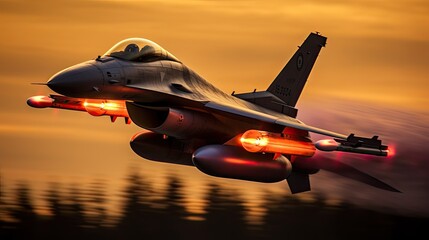 A fighter flying fast at sunset.
