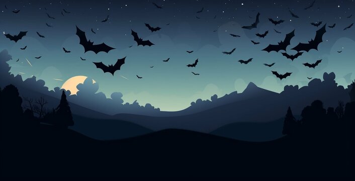 Stylized bats flying across the top of the image with a large, empty night sky below, AI Generation
