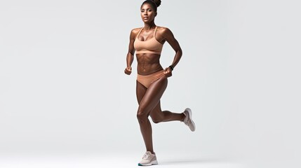 Athletic young black woman as a runner on white background.