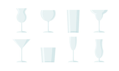 Set of drinking glasses isolated on white background. Transparent vector drink glasses for different cocktails.